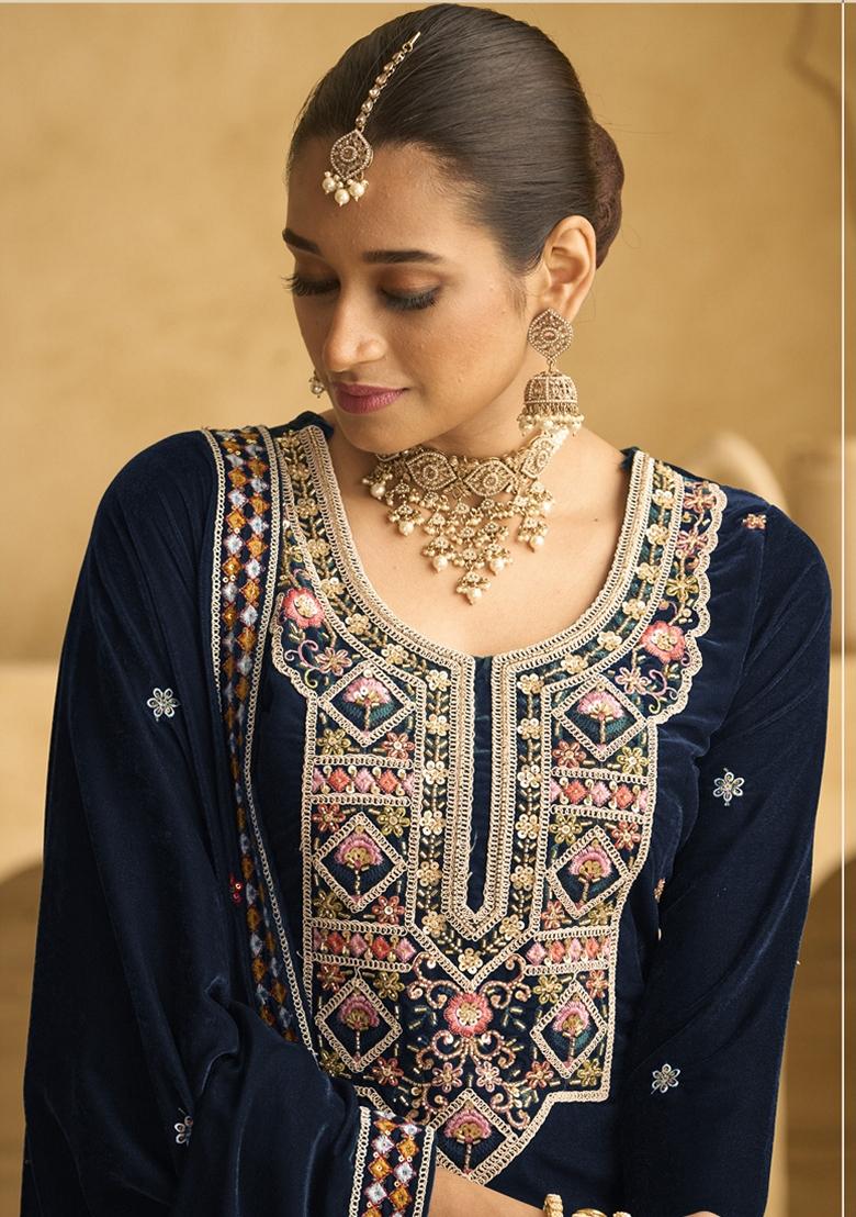 Navy Blue Embroidered Velvet Palazzo Set With Dupatta