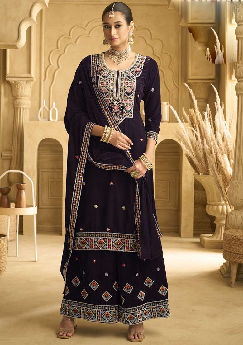 Wine Embroidered Velvet Sharara Set - Indya
