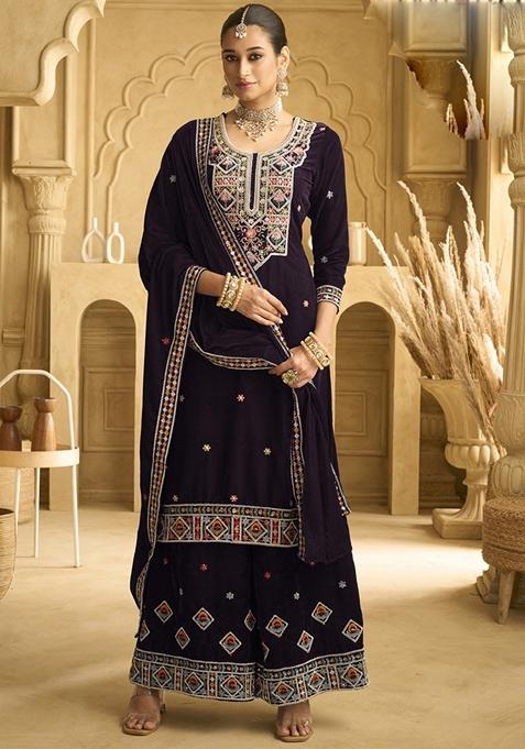 Wine Embroidered Velvet Palazzo Set With Dupatta