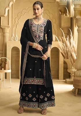 Black Embroidered Velvet Palazzo Set With Dupatta