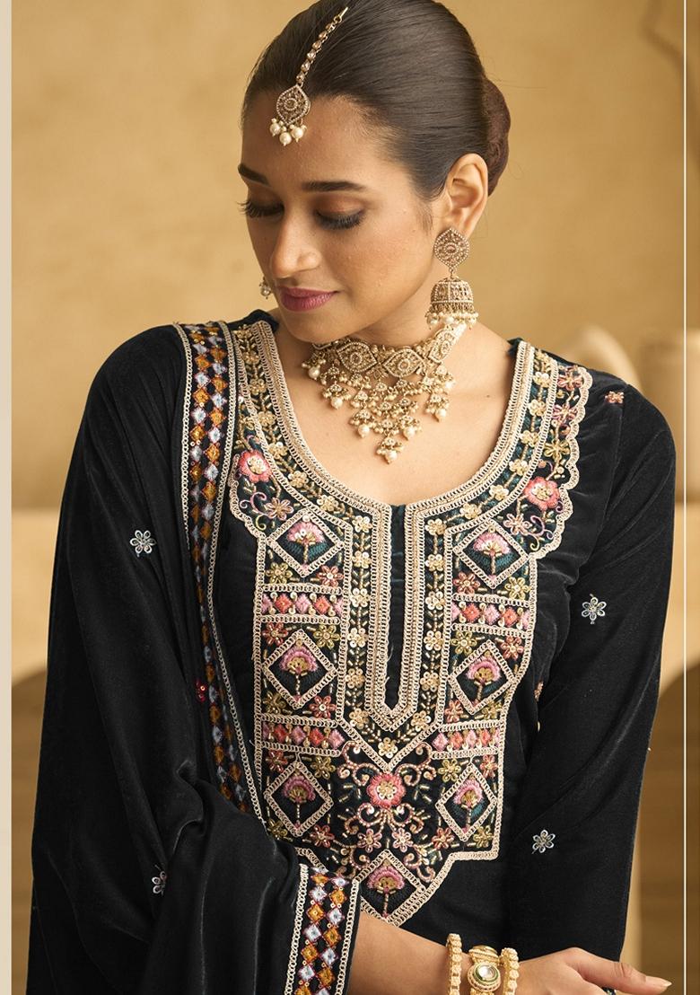 Black Embroidered Velvet Palazzo Set With Dupatta