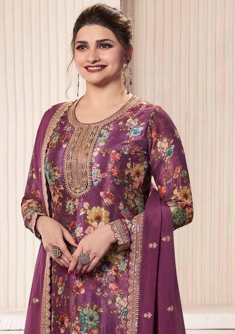 Onion Pink Digital Print Art Silk Palazzo Set With Dupatta