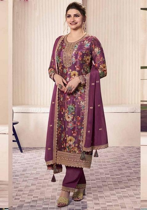 Onion Pink Digital Print Art Silk Palazzo Set With Dupatta