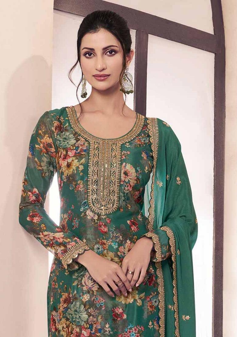 Green Digital Print Art Silk Palazzo Set With Dupatta
