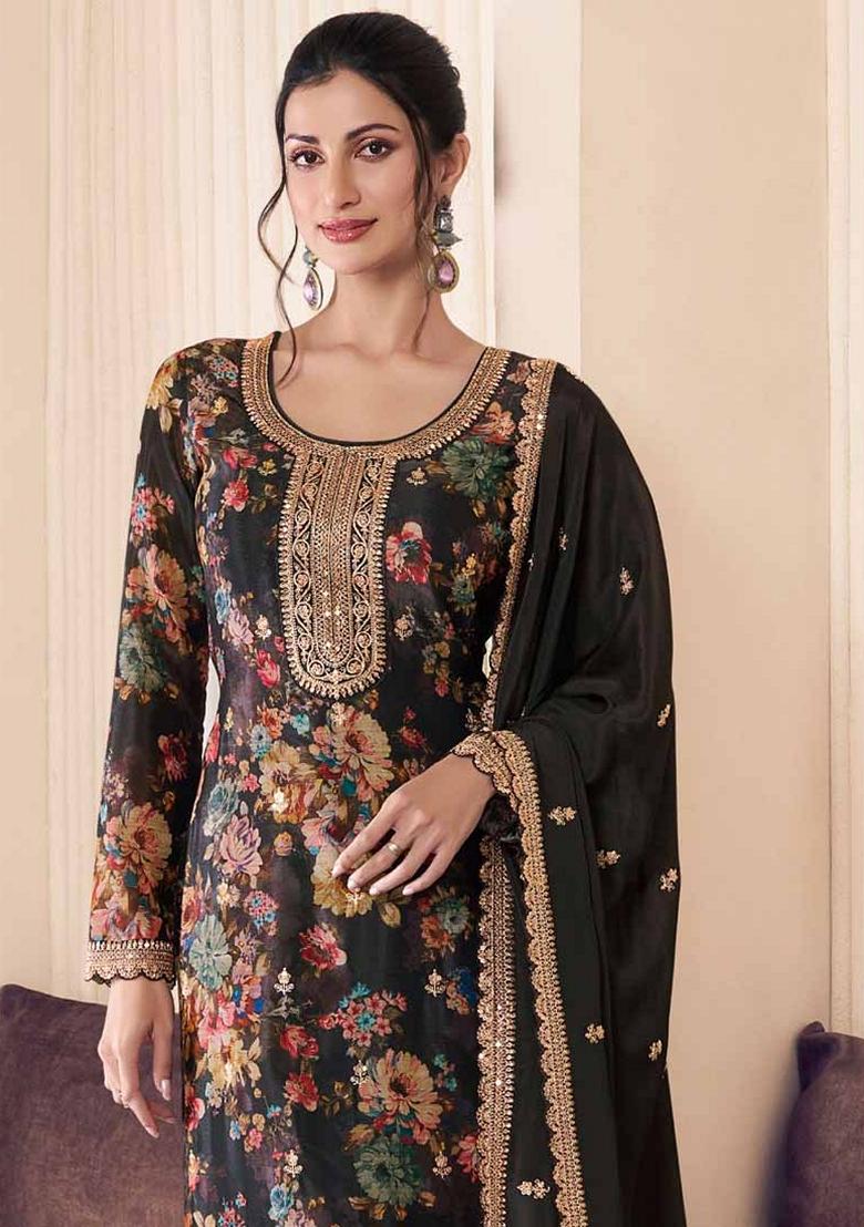 Black Digital Print Art Silk Palazzo Set With Dupatta