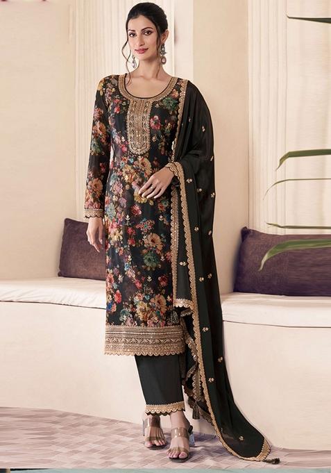 Black Digital Print Art Silk Palazzo Set With Dupatta