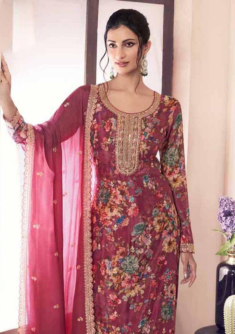 Red Digital Print Art Silk Palazzo Set With Dupatta