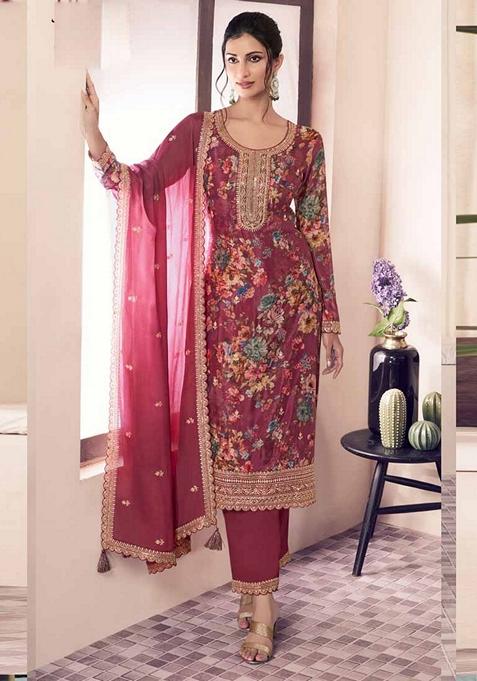 Red Digital Print Art Silk Palazzo Set With Dupatta