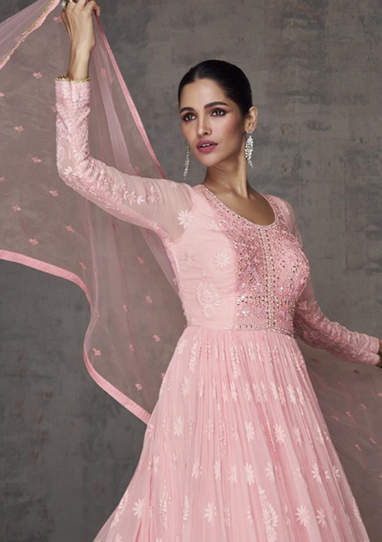 Baby Pink Embroidered Georgette Anarkali Set With Dupatta