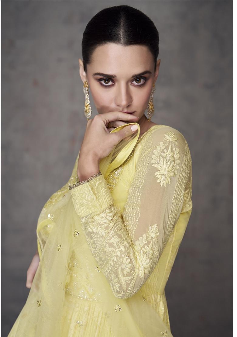 Light Yellow Embroidered Georgette Anarkali Set With Dupatta