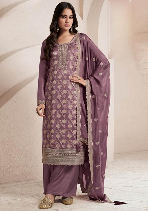 Onion Pink Embroidered Silk Straight Kurta Set