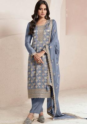 Light Blue Embroidered Silk Palazzo Set With Dupatta