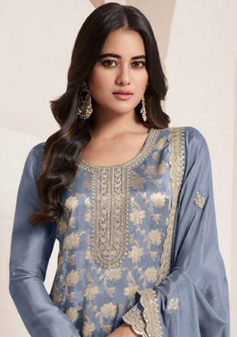 Light Blue Embroidered Silk Palazzo Set With Dupatta