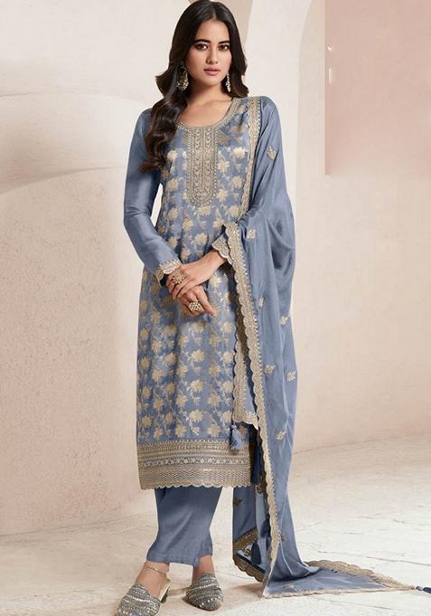 Light Blue Embroidered Silk Palazzo Set With Dupatta