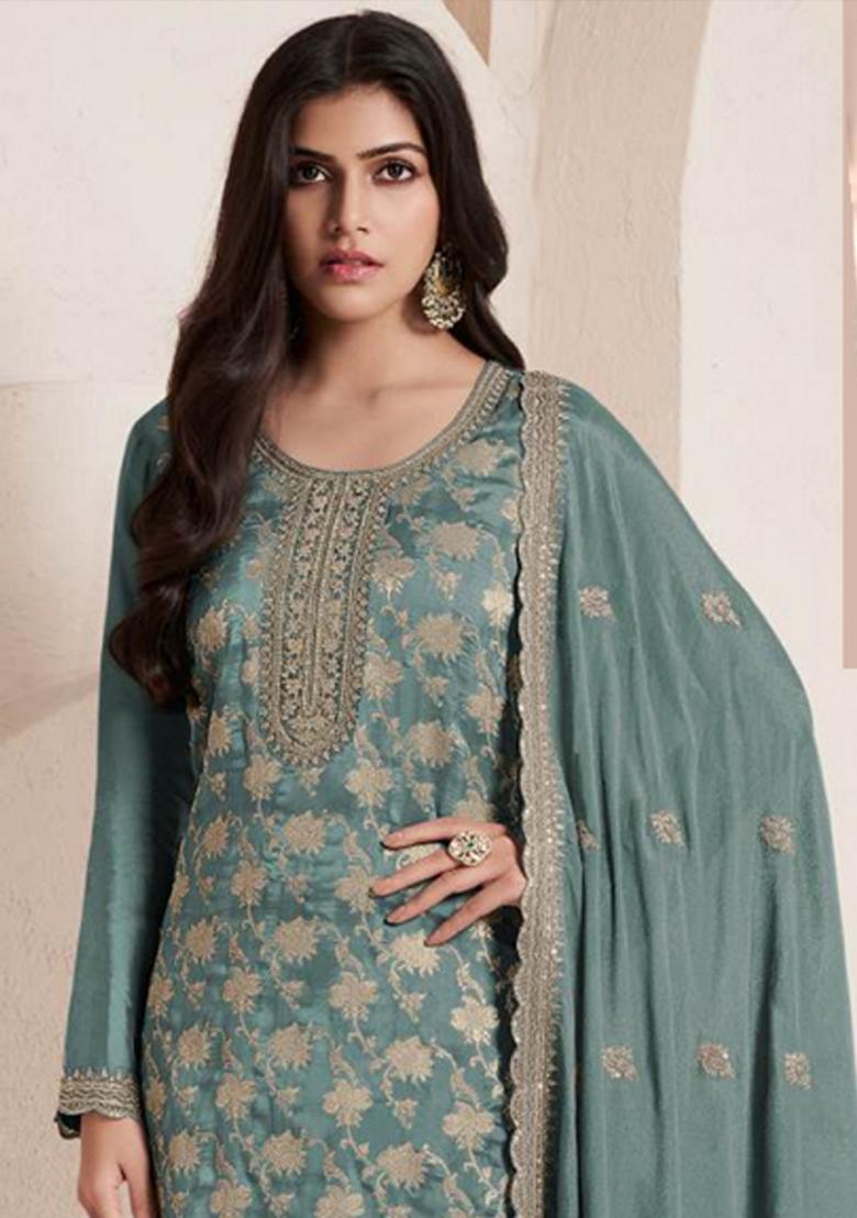 Light Green Embroidered Silk Palazzo Set With Dupatta