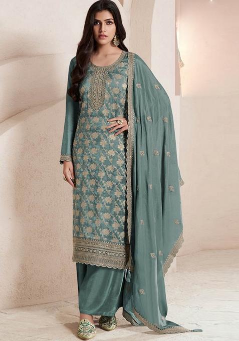 Light Green Embroidered Silk Punjabi Suit — view on Indya