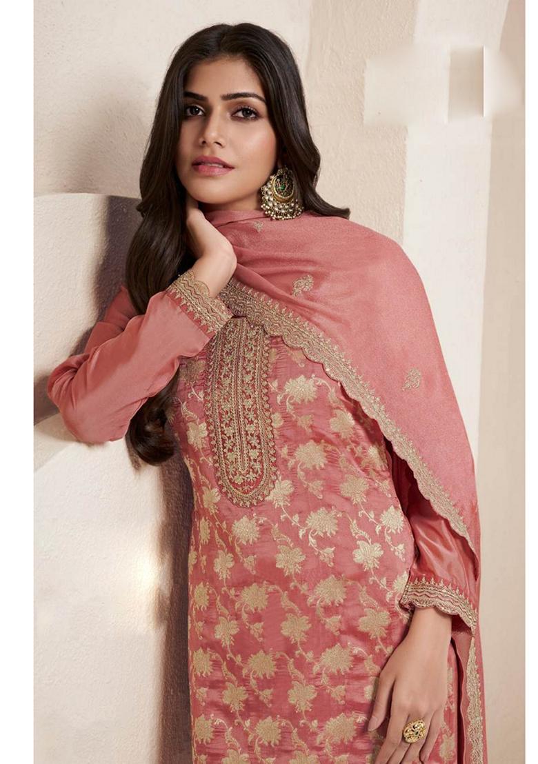 Peach Embroidered Silk Palazzo Set With Dupatta