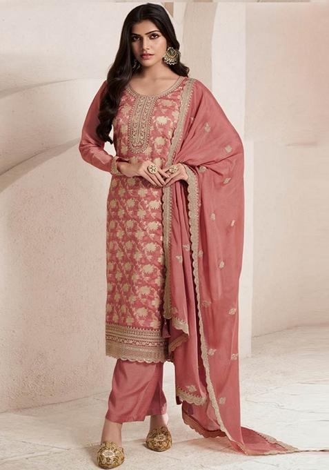 Peach Embroidered Silk Palazzo Set With Dupatta
