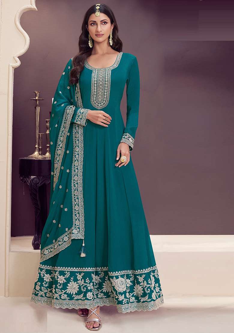 Dark Green Embroidered Silk Anarkali With Dupatta - Indya