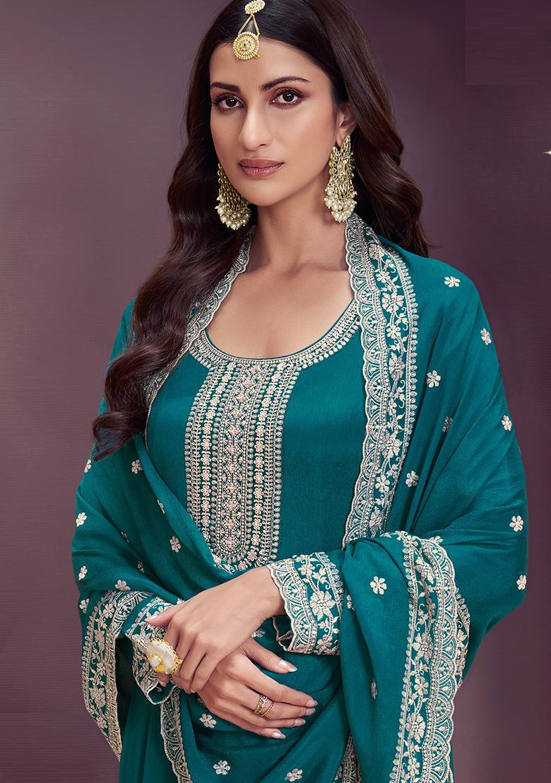 Dark Green Embroidered Silk Anarkali Set With Dupatta