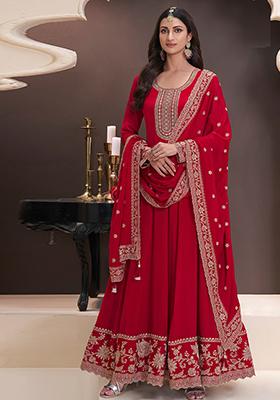 Red Embroidered Silk Anarkali Set With Dupatta