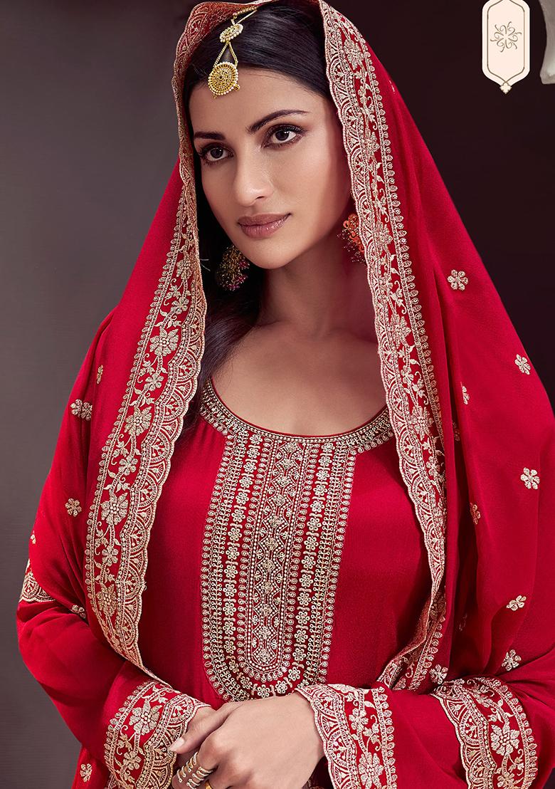 Red Embroidered Silk Anarkali Set With Dupatta