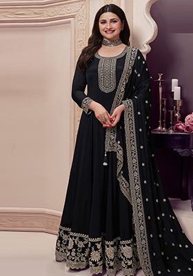 Black Embroidered Silk Anarkali Set With Dupatta