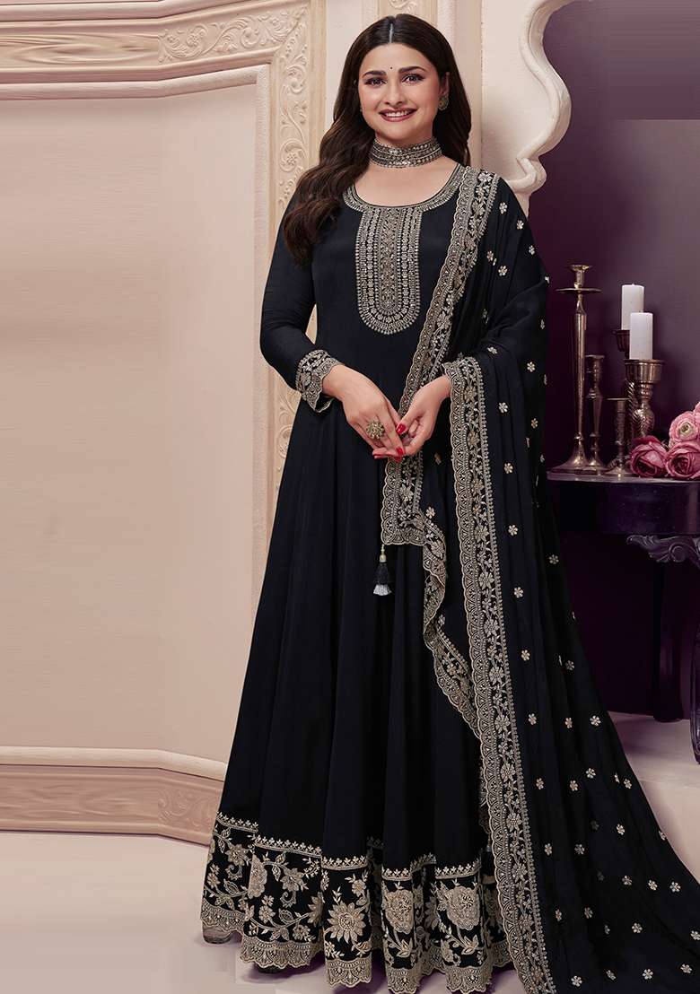 Black Embroidered Silk Anarkali With Dupatta - Indya
