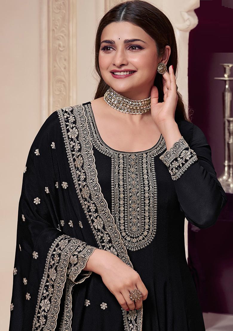 Black Embroidered Silk Anarkali Set With Dupatta