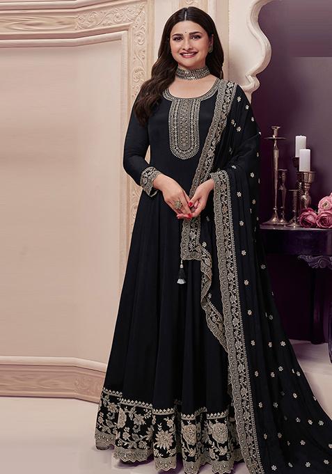 Black Embroidered Silk Anarkali Set With Dupatta