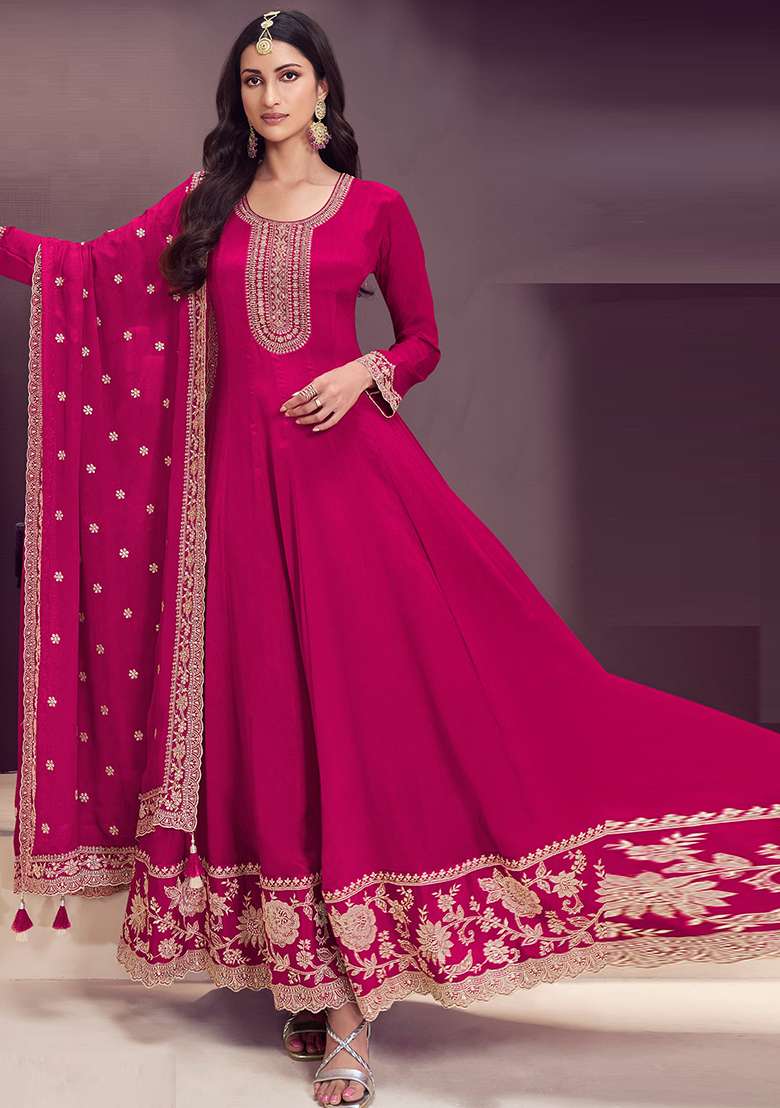 Dark Pink Embroidered Silk Anarkali With Dupatta With Dupatta - Indya