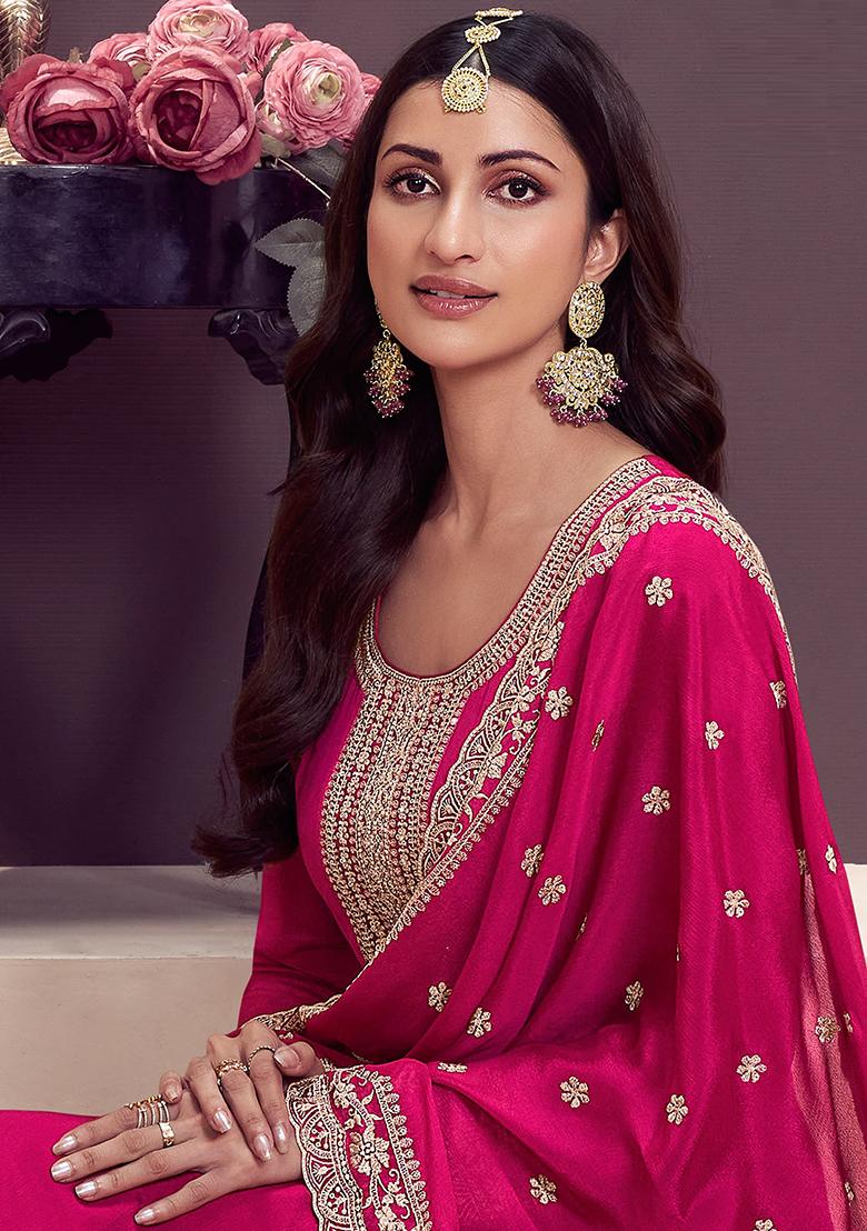 Dark Pink Embroidered Silk Anarkali Set With Dupatta