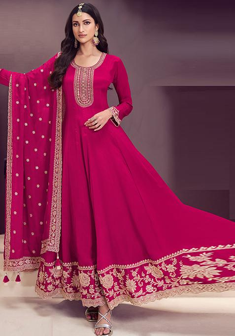 Dark Pink Embroidered Silk Anarkali Set With Dupatta