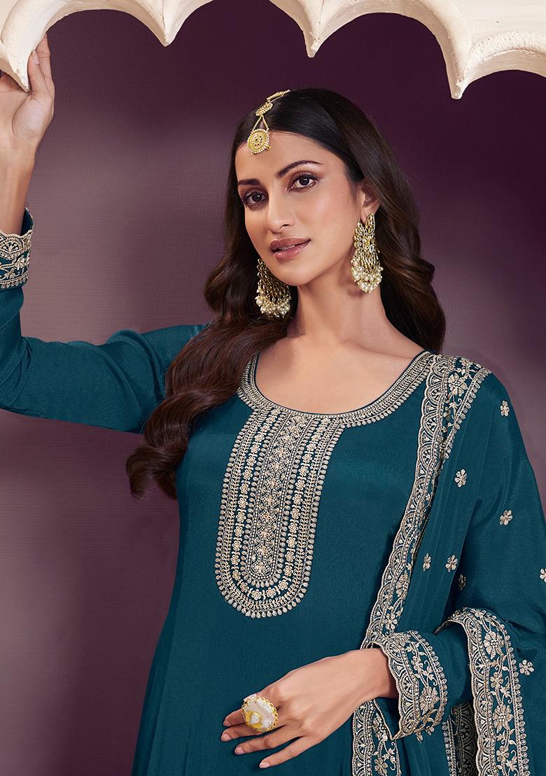 Teal Blue Embroidered Silk Anarkali Set With Dupatta