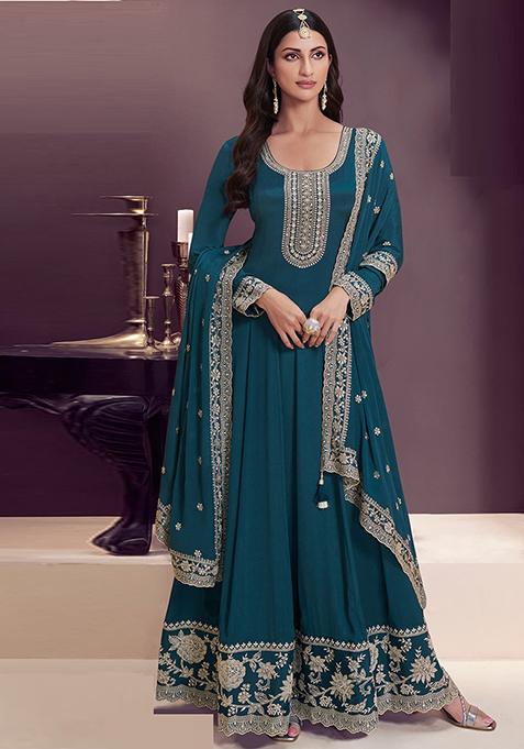Teal Blue Embroidered Silk Anarkali Set With Dupatta