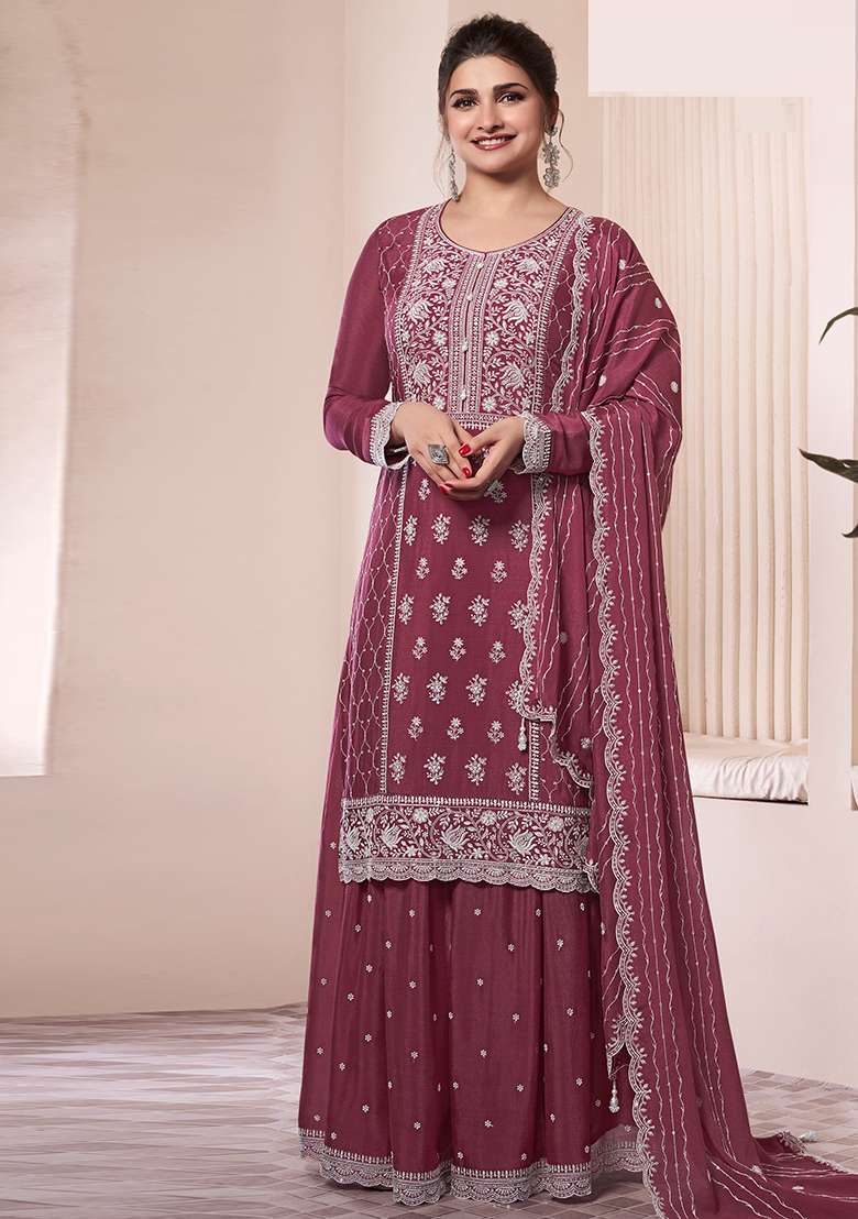Maroon Embroidered Silk Sharara Set With Dupatta - Indya