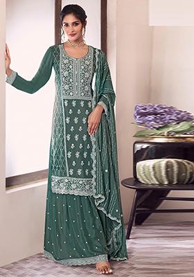 Green Embroidered Silk Sharara Set With Dupatta