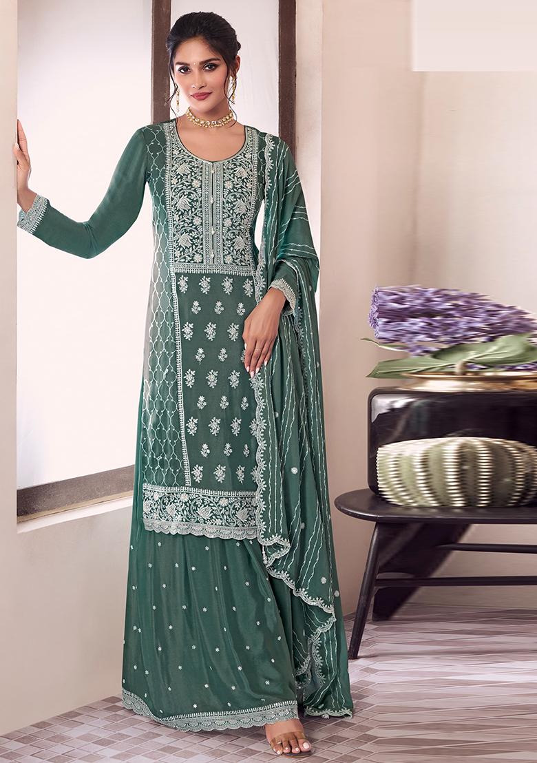 Green Embroidered Silk Sharara Set With Dupatta