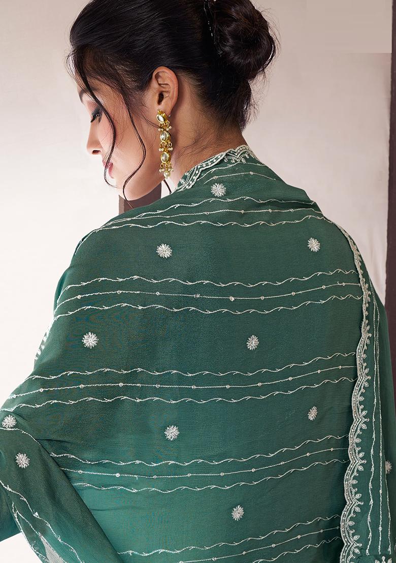 Green Embroidered Silk Sharara Set With Dupatta