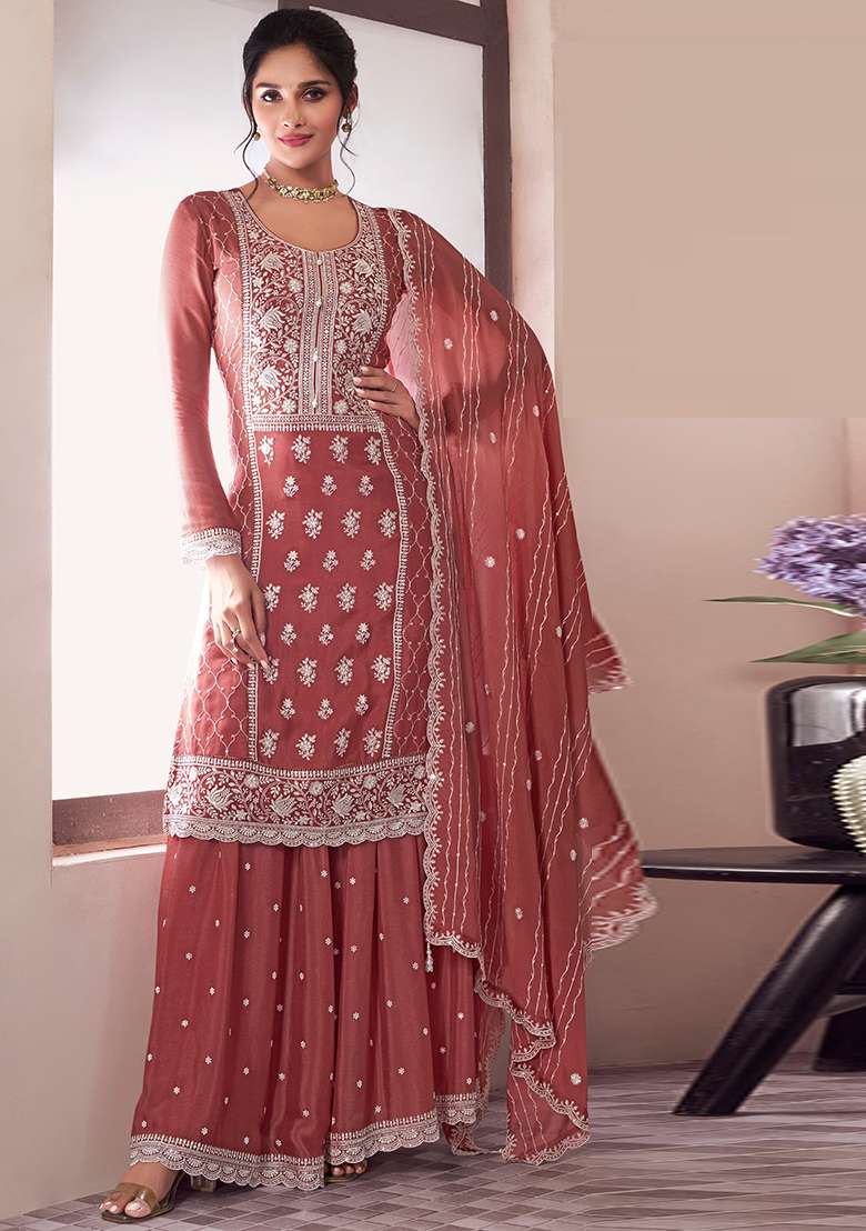 Peach Embroidered Silk Sharara Set With Dupatta - Indya