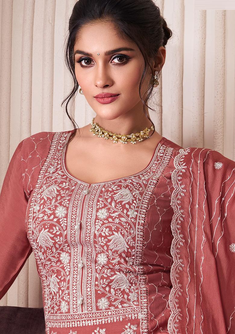 Peach Embroidered Silk Sharara Set With Dupatta