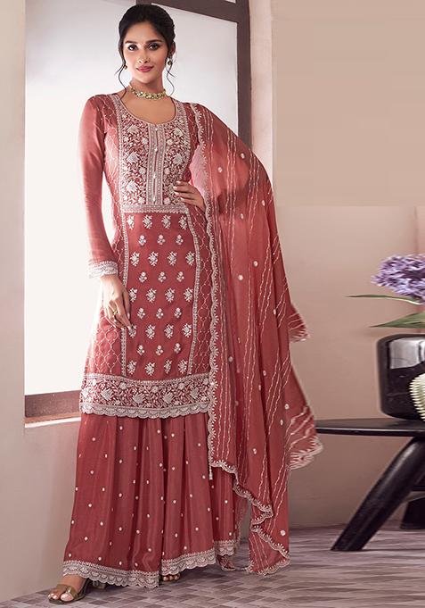Peach Embroidered Silk Sharara Set With Dupatta