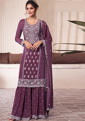 Purple Embroidered Silk Sharara Set With Dupatta