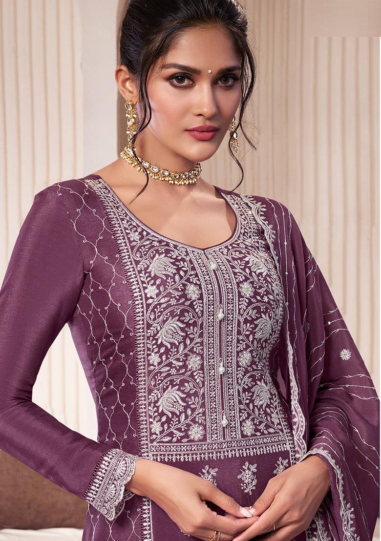 Purple Embroidered Silk Sharara Set With Dupatta