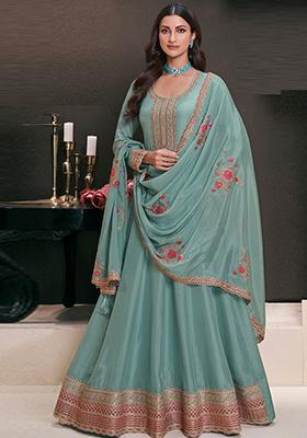 Teal Blue Embroidered Silk Anarkali Set With Dupatta