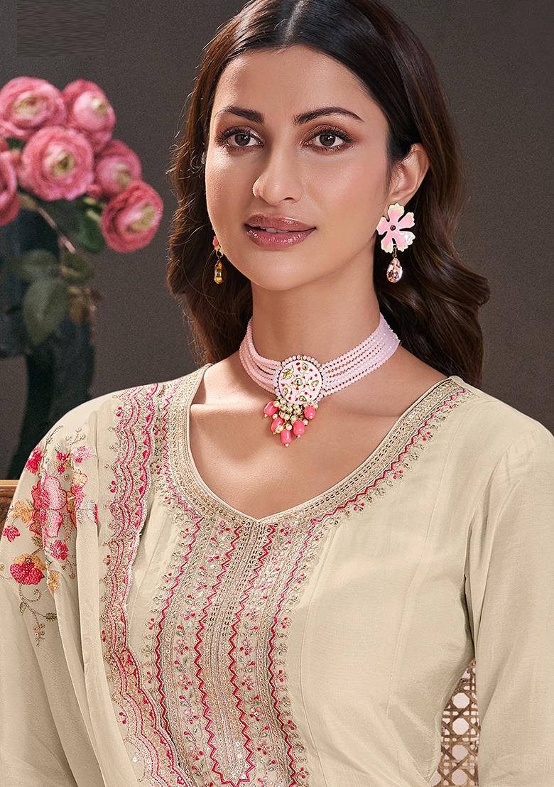 Cream Embroidered Silk Anarkali Set With Dupatta