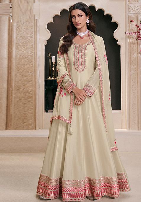 Cream Embroidered Silk Anarkali Set With Dupatta