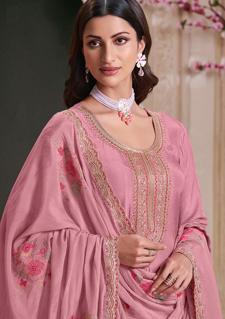 Pink Embroidered Silk Anarkali Set With Dupatta