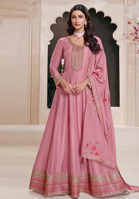 Pink Embroidered Silk Anarkali Set With Dupatta
