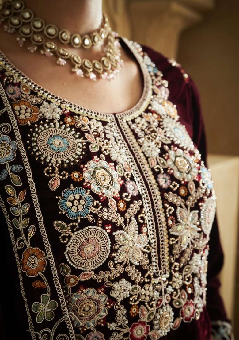 Purple Embroidererd Velvet Salwar Kameez With Dupatta - Indya